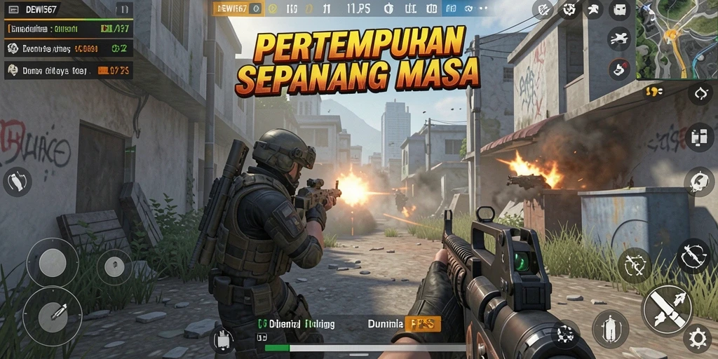 Screenshot DEWI567 menunjukkan aksi pertempuran intens dalam FPS.