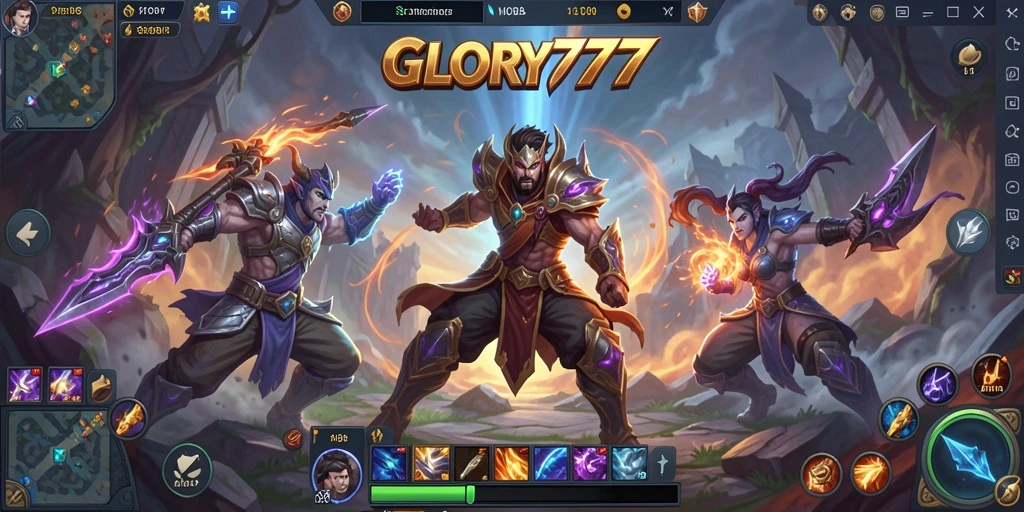 Screenshot gameplay GLORY777 menampilkan pertarungan MOBA yang seru.