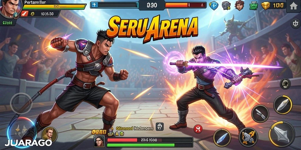 Gameplay seru JUARAGO dengan pertarungan intens dan karakter menarik.