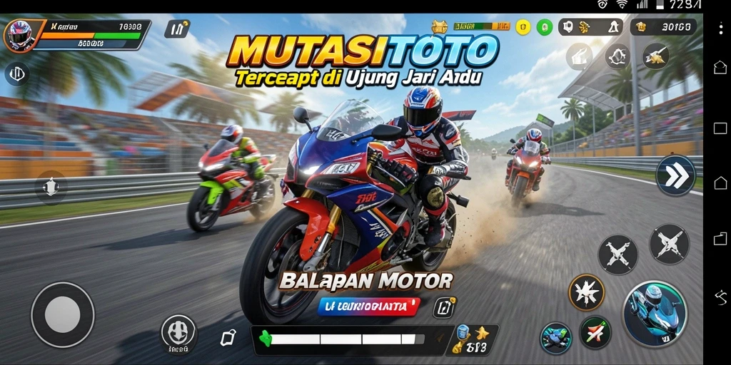 Screenshot gameplay MUTASITOTO menampilkan aksi balapan motor yang mendebarkan.