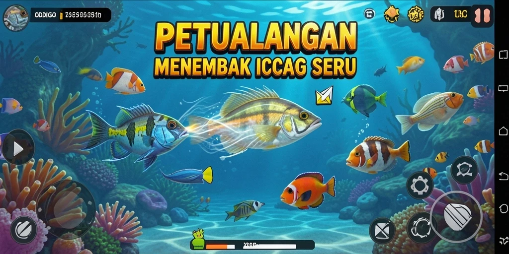 Screenshot gameplay ODDIGO menampilkan aksi menembak ikan yang mengasyikkan.